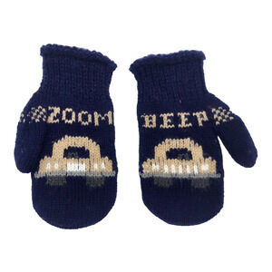 Vintage 80s Boys Knit Mittens Navy Blue Race Car Beep Zoom SIze Small YK